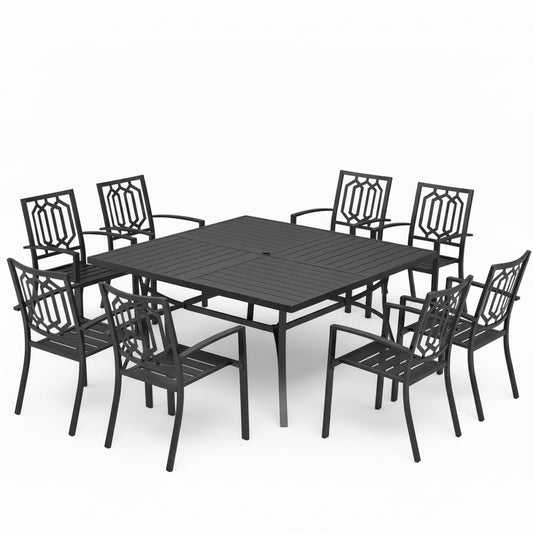Black 9-Piece Metal Outdoor Patio Dining Set with Slat Square Table and Fashion Stackable Chairs